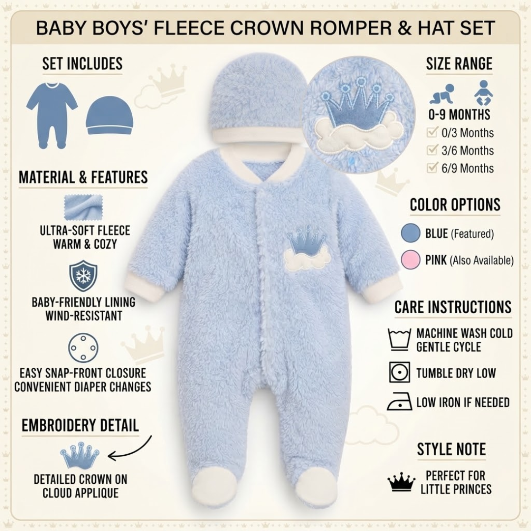 A baby fleece crown romper and hat set shown on a cream infographic background with text callouts. The product is a soft light blue footed one-piece with a matching blue hat, both featuring white trim and a small cloud applique with a crown embroidery.