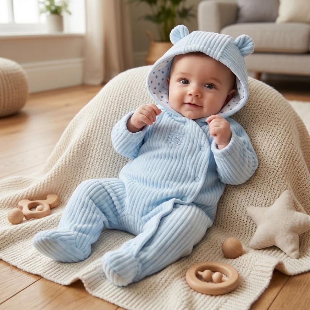 Baby wearing a light blue hooded bear-ear pramsuit reclining on a knit blanket.