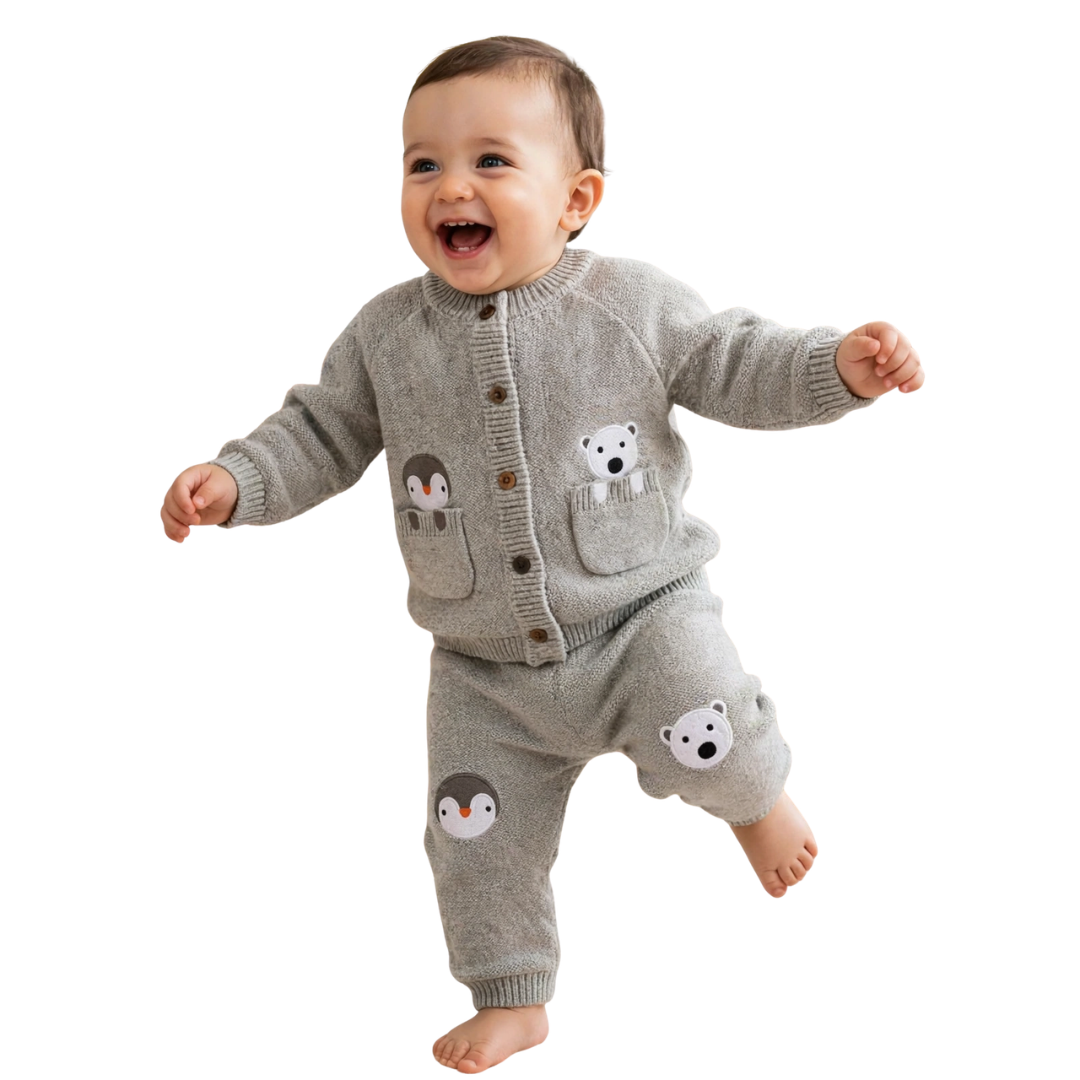Happy baby with arms outstretched against a white background, wearing a grey knit outfit featuring penguin and polar bear pocket and knee patches.