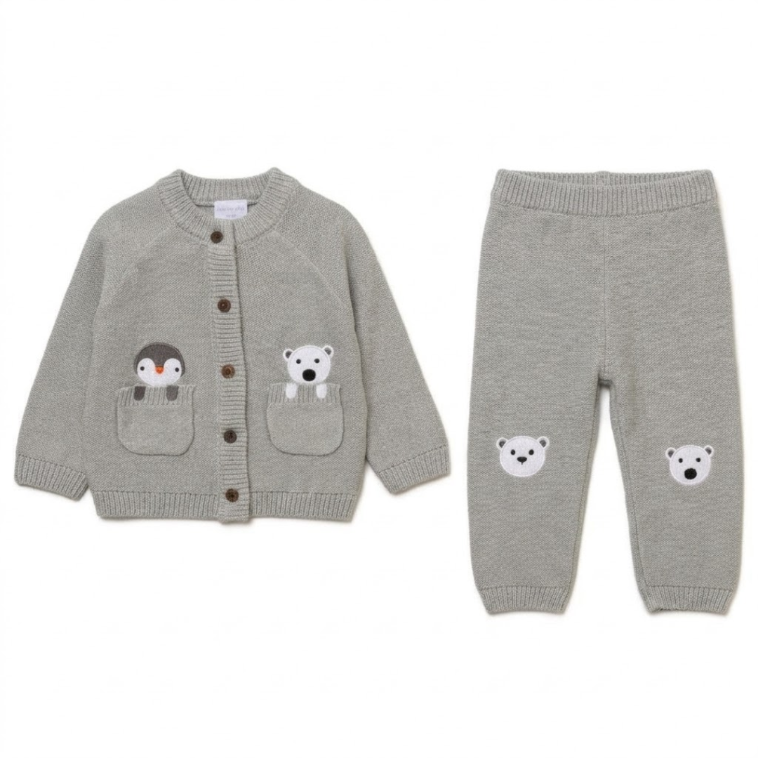 Flat lay of a grey 2-piece baby knit set including a button cardigan with animal pockets and matching trousers.