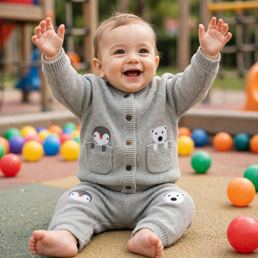 A happy baby sitting outdoors with arms raised, wearing a grey knit outfit with penguin and polar bear patches.