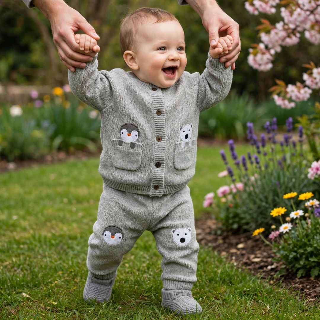 Baby taking first steps in a garden setting, modeling a grey 2-piece winter knit outfit featuring penguin and polar bear details, paired with matching knit bootie socks.