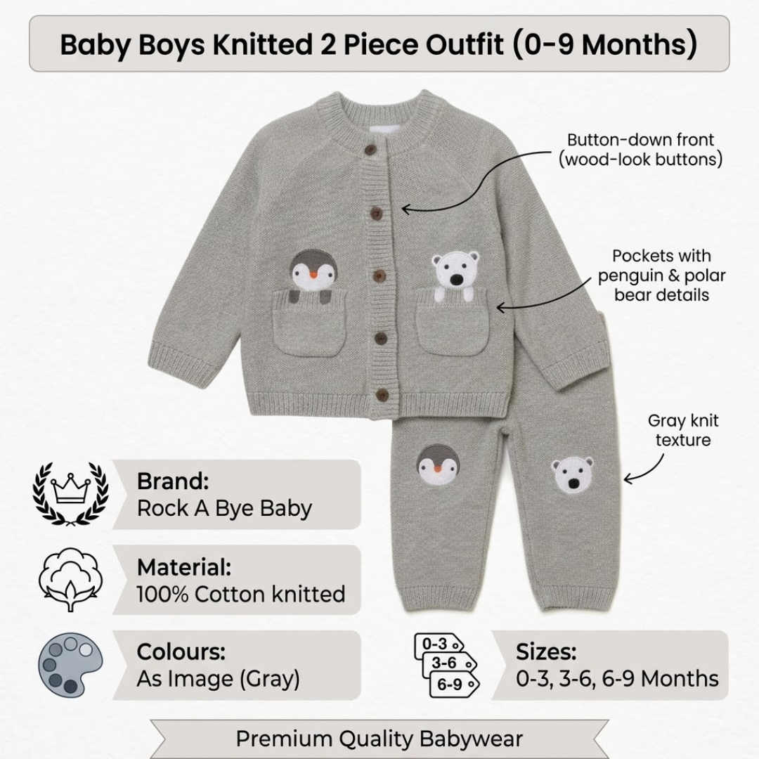 Product graphic showing a grey 100% cotton knit cardigan and pants set featuring wood-look buttons and penguin and polar bear appliqués.