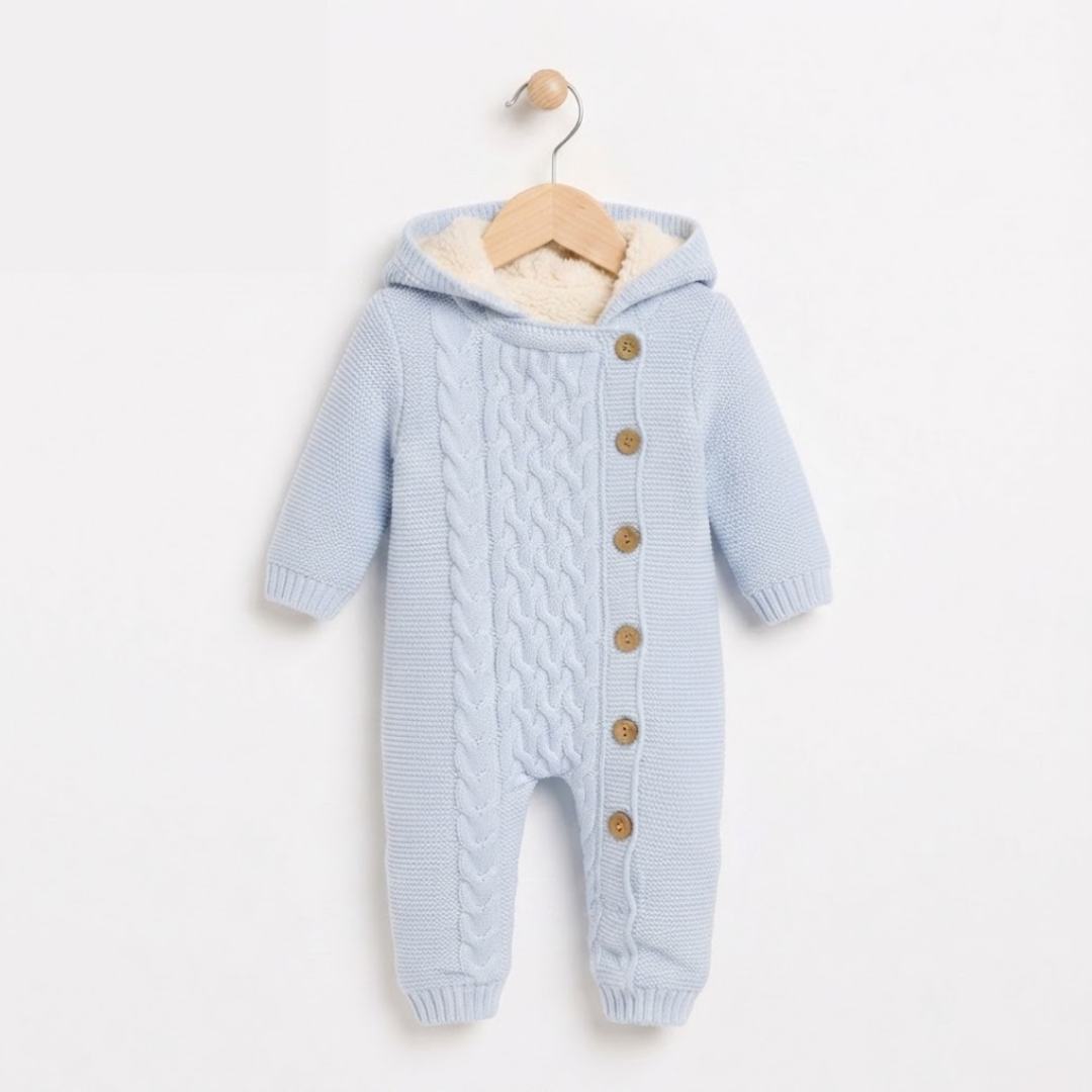 A baby two-piece clothing set consisting of a white long-sleeve sweatshirt and matching pants, both featuring a gray cartoon elephant graphic. The set is displayed in a flat-lay arrangement on a white faux fur background, styled with baby shoes, cotton bolls, and small flowers.