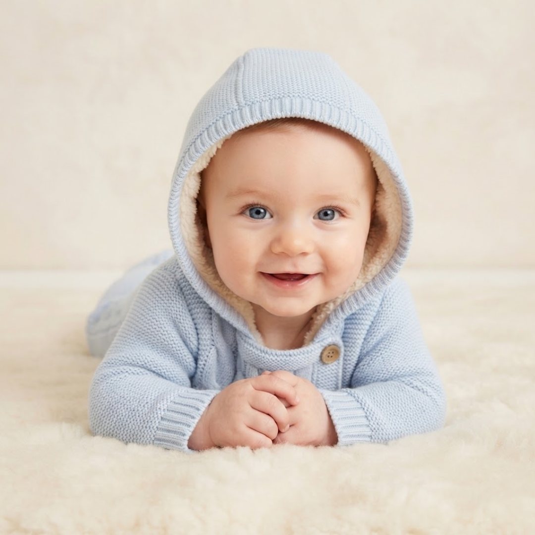 A baby two-piece sweatshirt and jogger pants set in solid white, laid flat on a white faux fur background with decorative props including cotton bolls, a plush toy, and baby shoes.