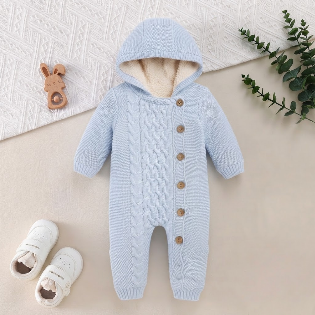 A baby hooded knit romper in pale blue with a cream fleece lining and brown buttons, styled on a beige surface with white baby shoes, a wooden bunny toy, and green leaves.