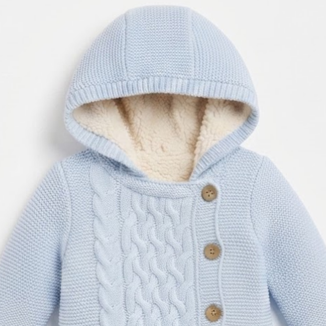 A light blue knit hooded cardigan with a cream sherpa lining and three wooden buttons, shown on a plain white background.