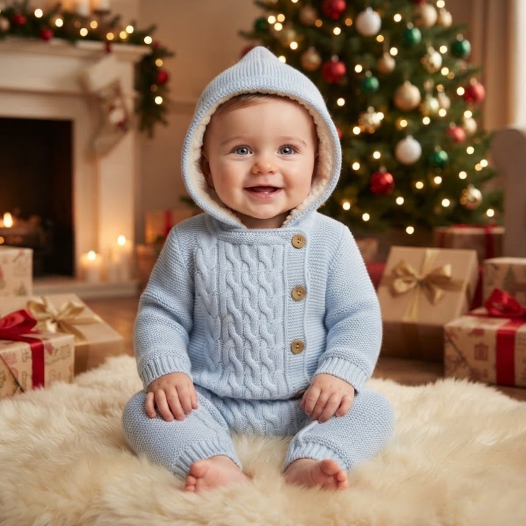 A baby wearing a light blue cable-knit hooded romper sits on a white faux fur rug in front of a decorated Christmas tree and fireplace. The romper has a soft cream lining inside the hood and three gold buttons on the chest.