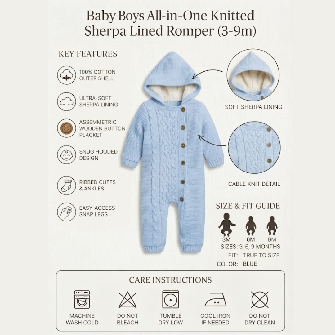 A light blue baby boy's all-in-one knitted sherpa lined romper with a hood and button front, shown on a light beige background with feature callouts, a size fit guide, and care instructions.