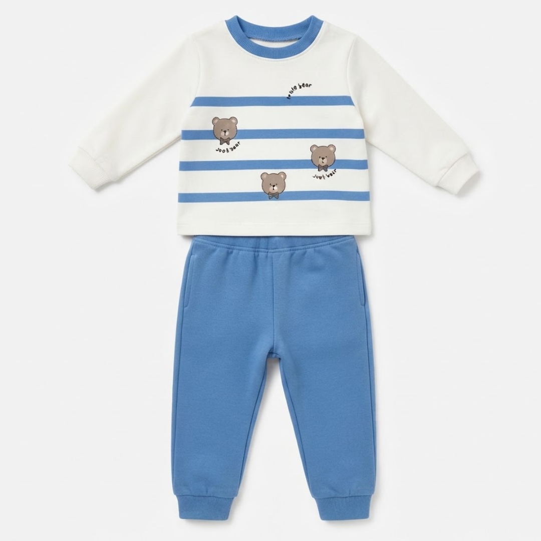 A two-piece baby outfit set featuring a long-sleeve top with white and blue horizontal stripes, decorated with three brown teddy bear graphics, and matching blue jogger pants, shown on a light gray background.