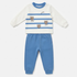 A two-piece baby outfit set featuring a long-sleeve top with white and blue horizontal stripes, decorated with three brown teddy bear graphics, and matching blue jogger pants, shown on a light gray background.