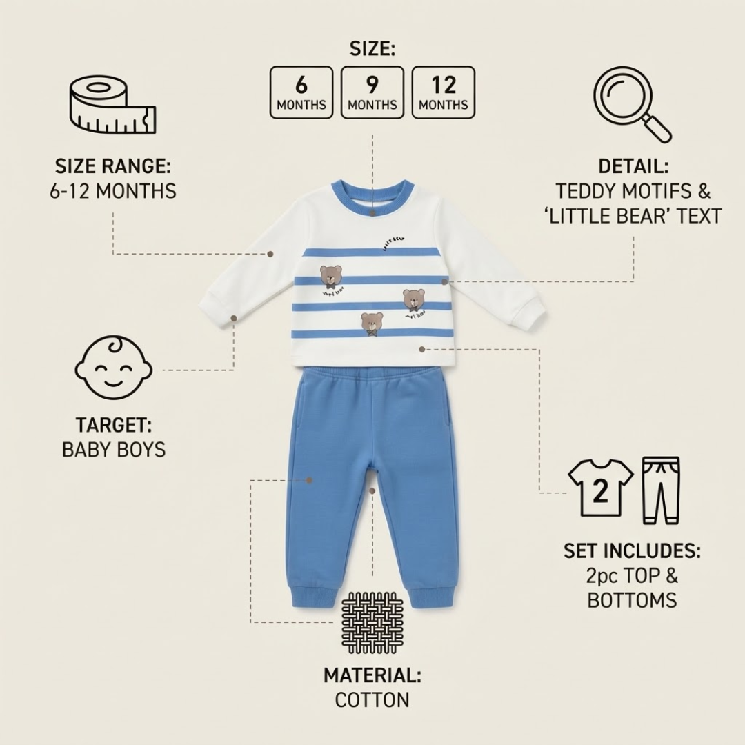 A baby lying on a cream-colored textured bassinet, wearing a light blue and white long-sleeve romper with a blue train graphic on the chest and matching light blue pants.
