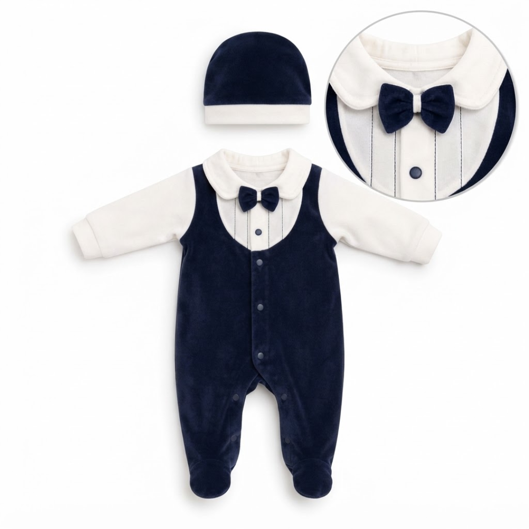 A baby's three-piece formal outfit set including a navy blue velvet footed romper with a white long-sleeve shirt, matching navy and white Peter Pan collar hat, and a navy bow tie, shown on a white background with a circular detail inset.