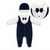 A baby's three-piece formal outfit set including a navy blue velvet footed romper with a white long-sleeve shirt, matching navy and white Peter Pan collar hat, and a navy bow tie, shown on a white background with a circular detail inset.
