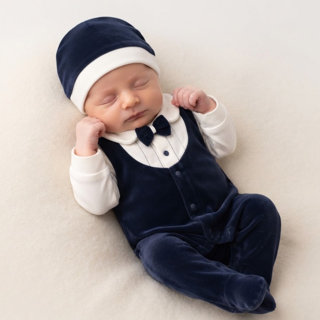 A sleeping newborn baby wearing a navy blue velvet footed onesie with a white shirt collar, black bow tie, and a matching navy and white beanie, lying on a soft cream-colored blanket.