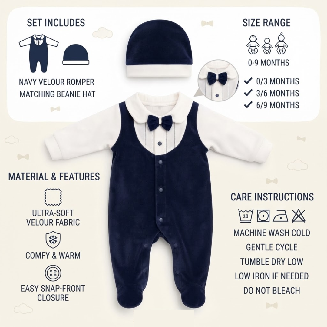 Baby romper set with matching beanie hat on a cream background, surrounded by text callouts detailing what is included, size range, material features, and care instructions.