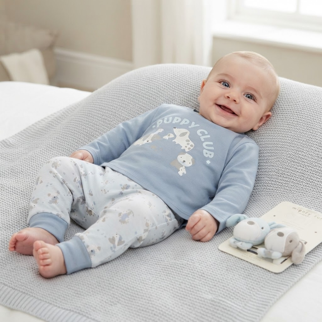 A smiling baby lying on a textured grey knit blanket wearing a light blue "Puppy Club" long-sleeve top and matching patterned trousers.