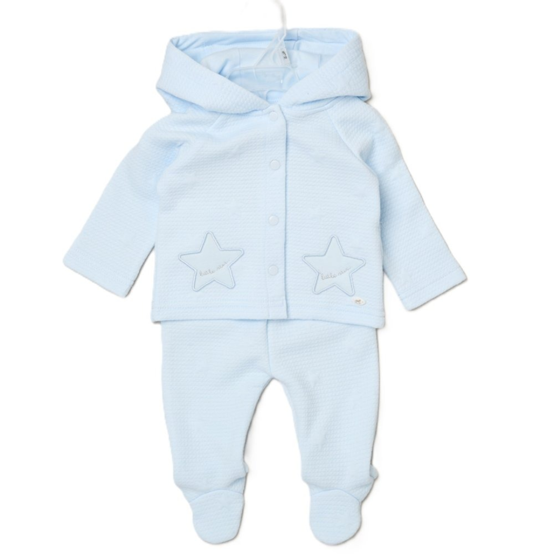 Light blue 2-piece hooded baby set with star pockets and footed pants.