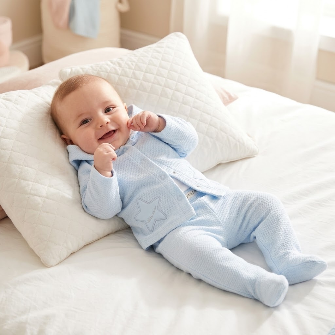 Happy baby standing outdoors in a light blue 2-piece hooded star outfit.
