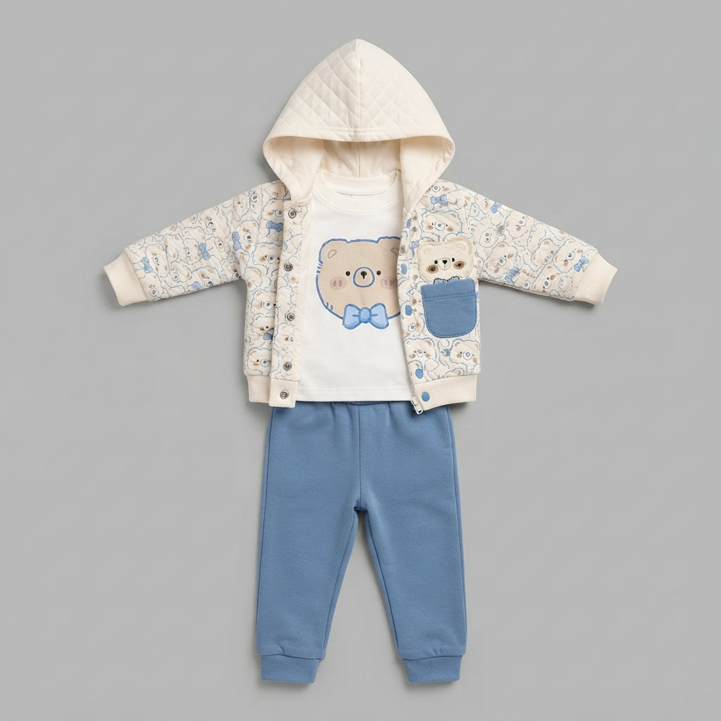 the layout of Baby Boys Teddy Hoodie, T-Shirt & Bottoms Set on gray background