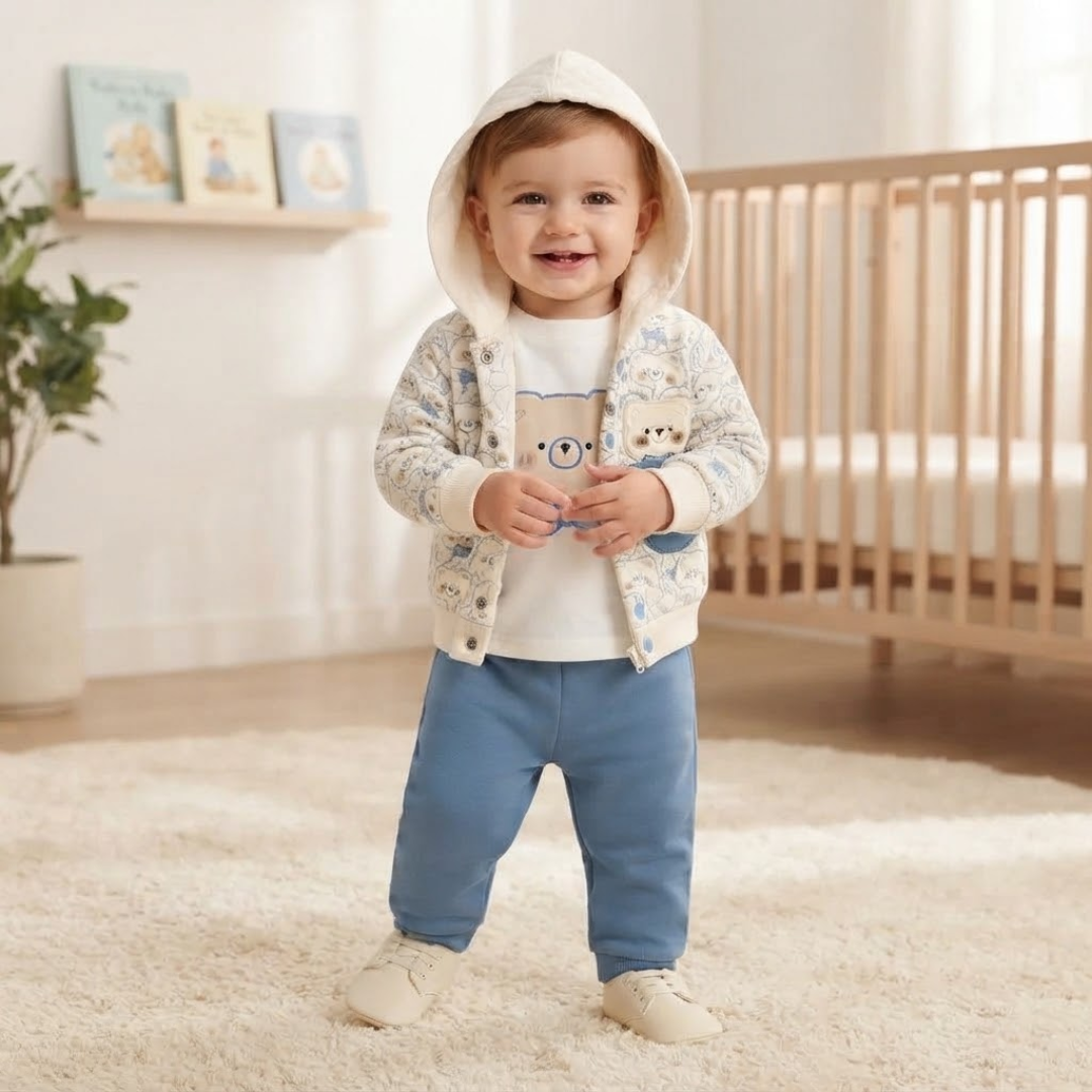 A baby two-piece knit outfit set laid flat on a cream satin fabric background. The set includes a long-sleeve top with a white body, light blue yoke and cuffs, and a blue train graphic on the chest, paired with matching light blue jogger pants with white cuffs.