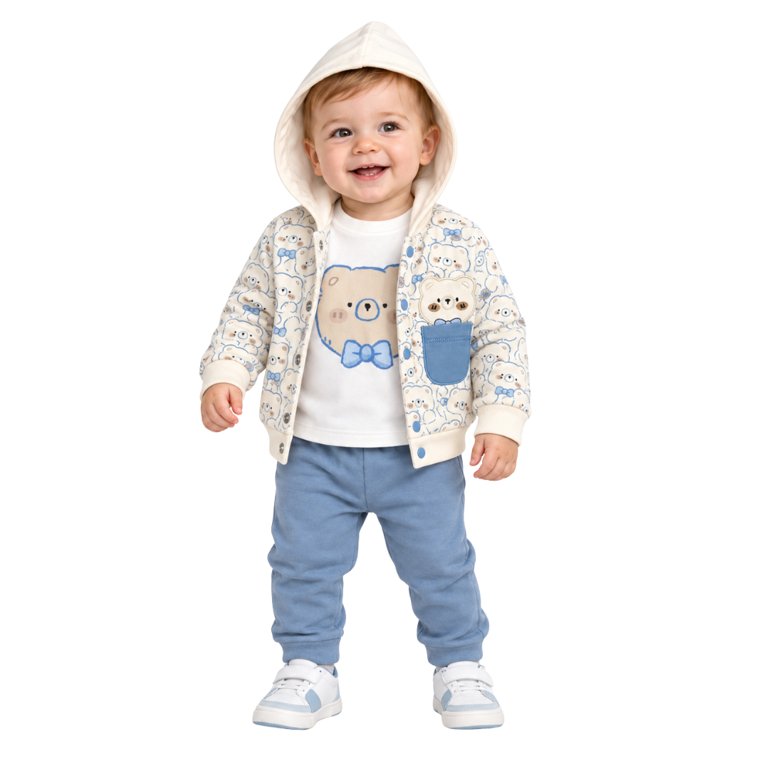 A smiling toddler standing against a plain white background, wearing a cream hooded zip jacket with a blue and beige animal print, a white graphic T-shirt, light blue pants, and white sneakers.
