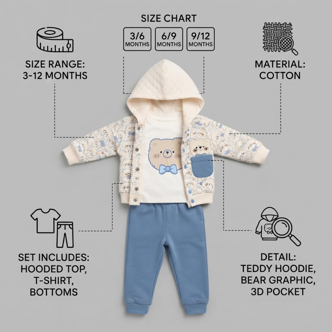 A baby footed sleeper set laid flat on a cream fabric background, including a navy blue and white long-sleeve sleeper with embroidered car details on the chest, and a matching navy blue and white beanie hat.