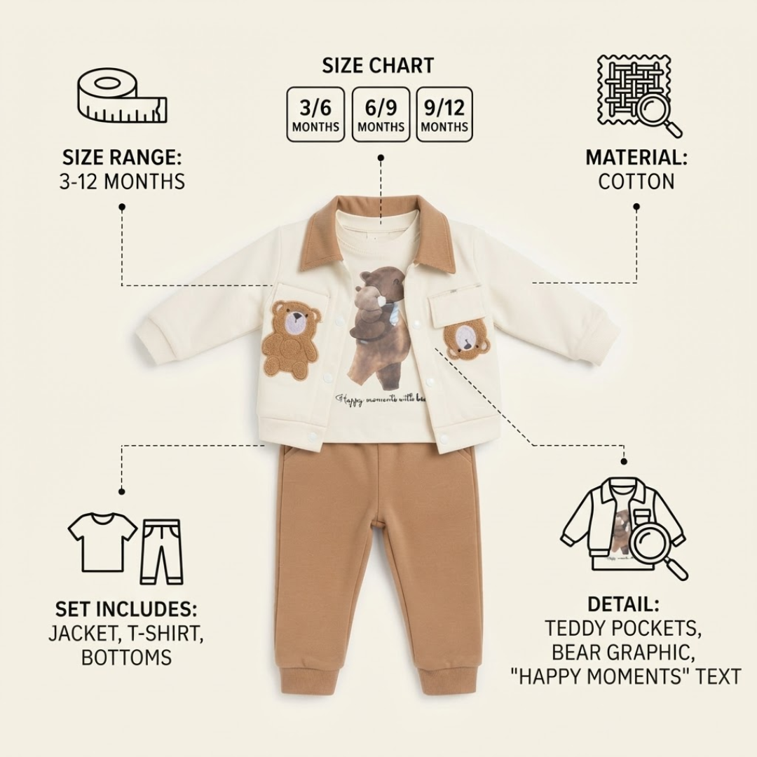 A baby girl wearing a cream faux-fur cardigan, a white t-shirt with a teddy bear graphic, and a brown leopard-print tiered skirt, standing against a white background. An inset image in the top right shows a matching teddy bear plush toy.