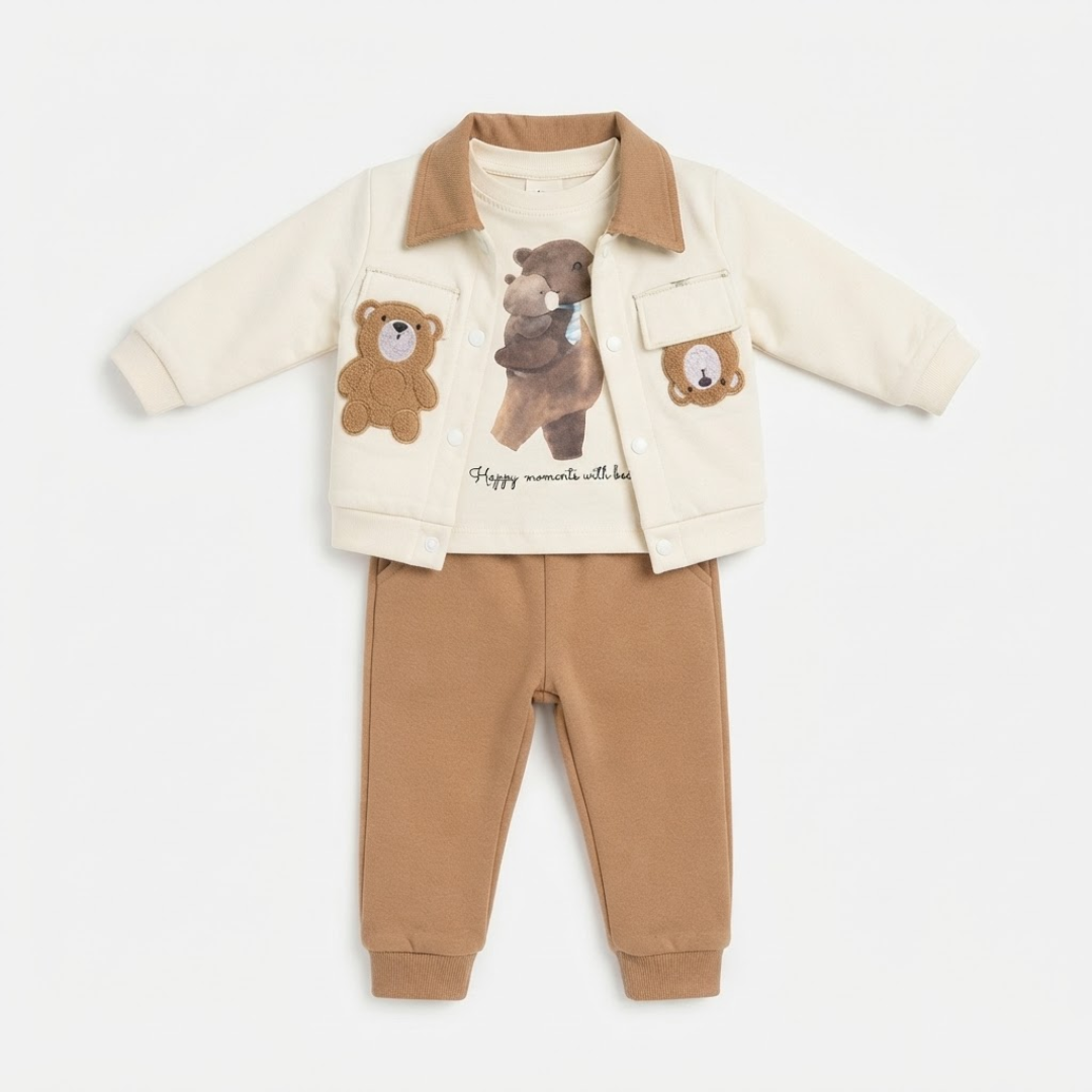 A baby girl's 2-piece outfit set displayed on a light beige background with informational callout boxes. The set includes a soft white long-sleeve romper and a matching white knit hat with a small pink bow.