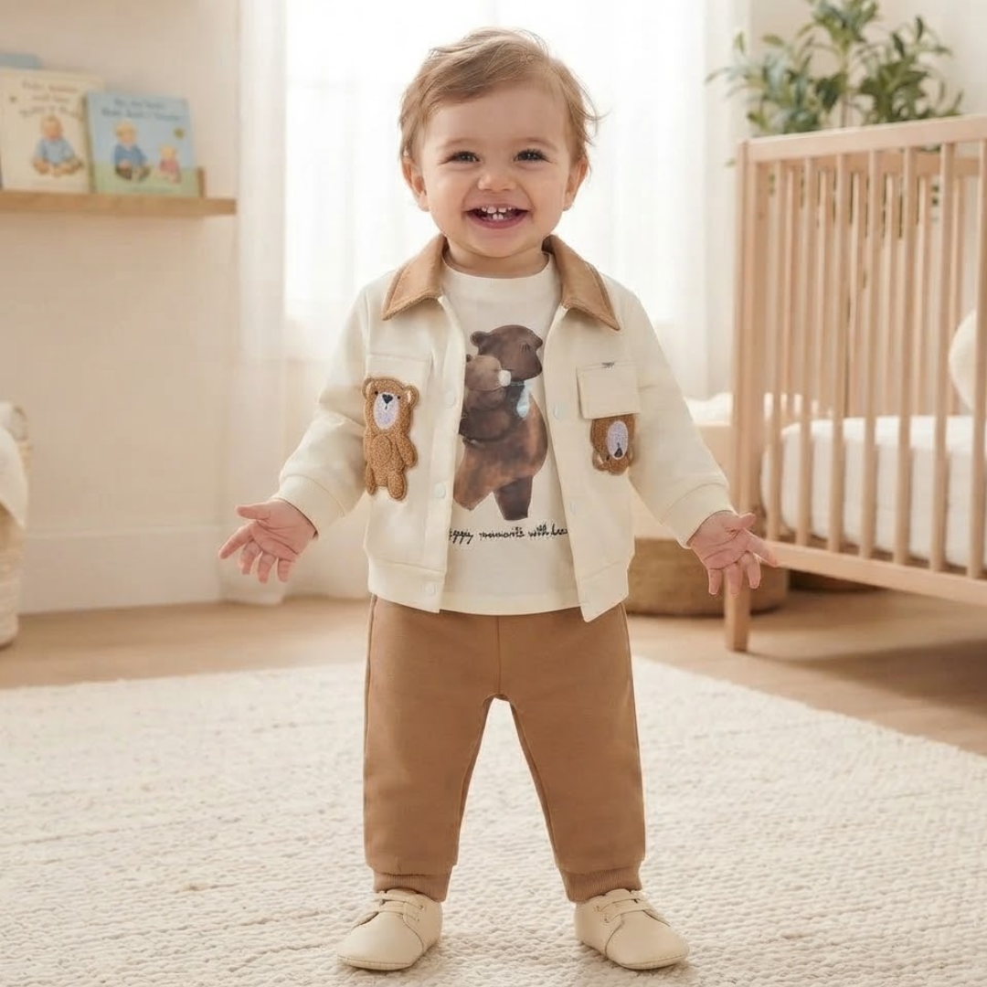 A baby standing indoors next to a cream sofa, wearing a white knit bonnet and a matching white lace-trim top with pale pink footed pants. A decorated Christmas tree and wrapped gifts are visible in the background.