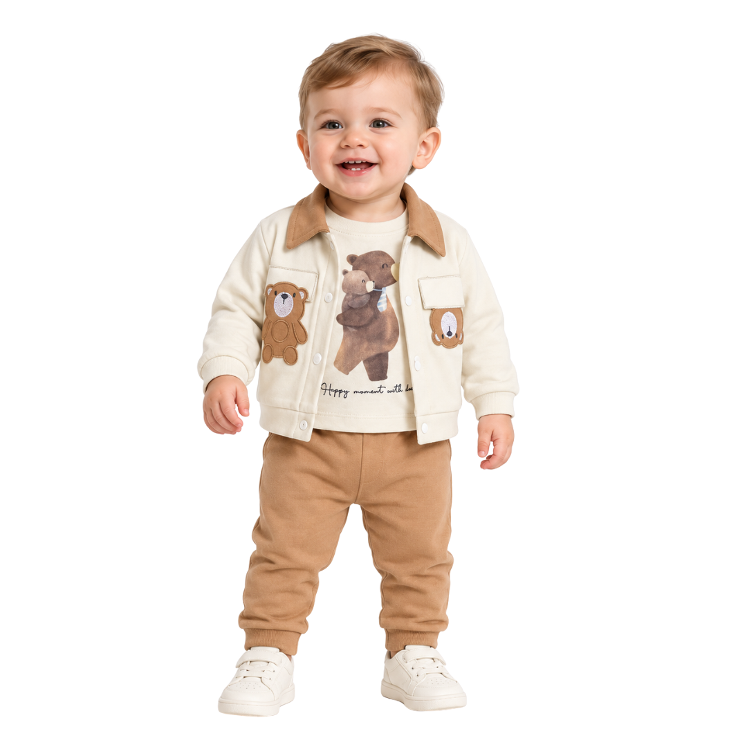 A baby girl's two-piece outfit set consisting of a long-sleeve jumpsuit and a matching knit bonnet. The jumpsuit features a textured cream-white top with a ruffled collar and lace trim, paired with soft pink pants.