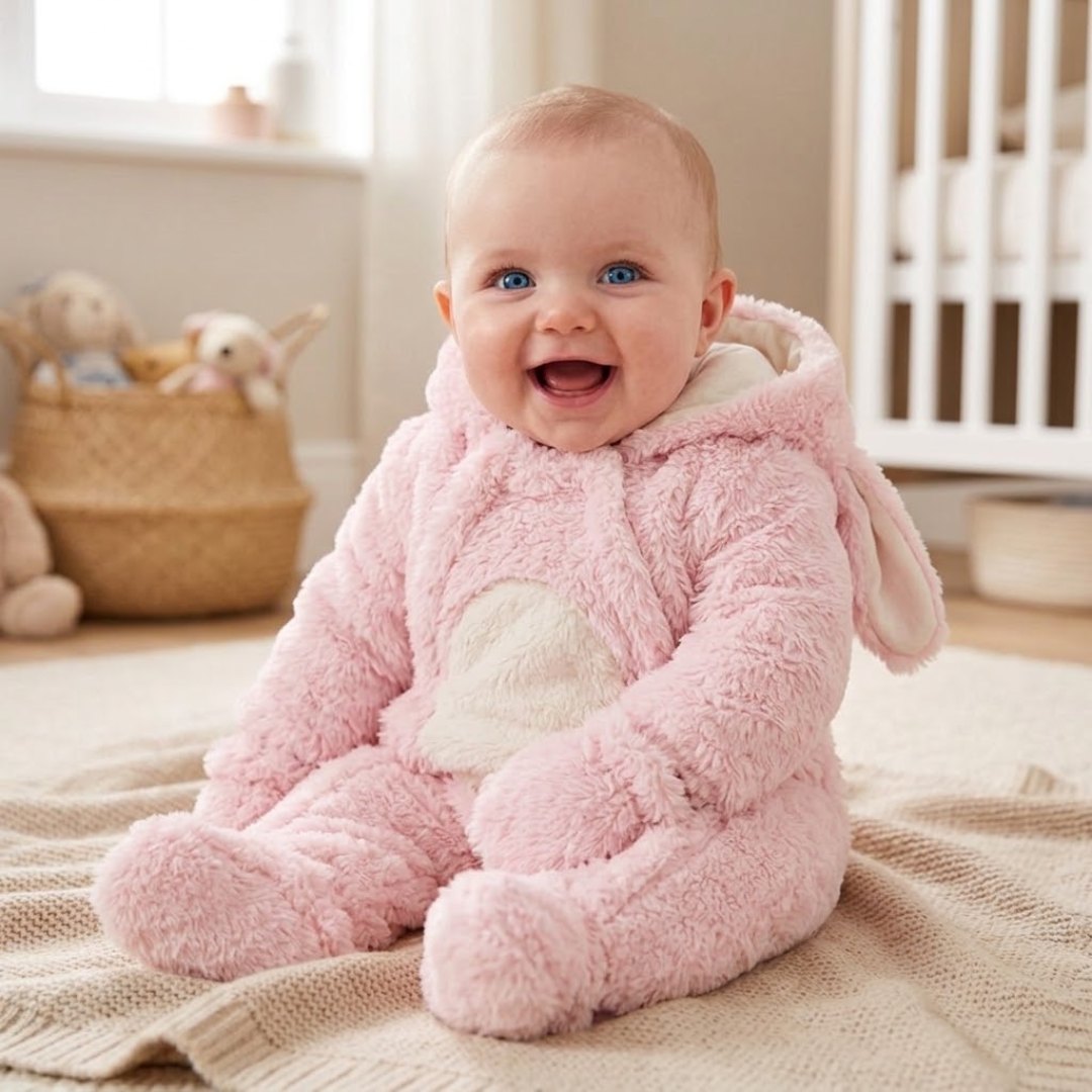A baby wearing a fluffy pink bunny costume sits smiling on a beige blanket in a softly lit nursery. The costume includes long bunny ears on the hood and a cream-colored belly patch.