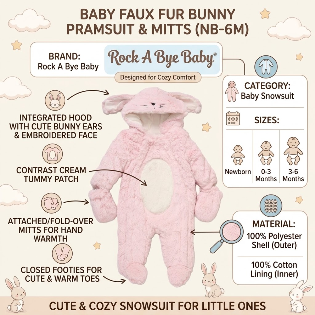 A baby faux fur bunny pramsuit and mitts set by Rock A Bye Baby, shown on a light beige background with text callouts detailing its features, including an integrated hood with bunny ears, contrast cream tummy patch, and attached mitts.
