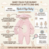 A baby faux fur bunny pramsuit and mitts set by Rock A Bye Baby, shown on a light beige background with text callouts detailing its features, including an integrated hood with bunny ears, contrast cream tummy patch, and attached mitts.