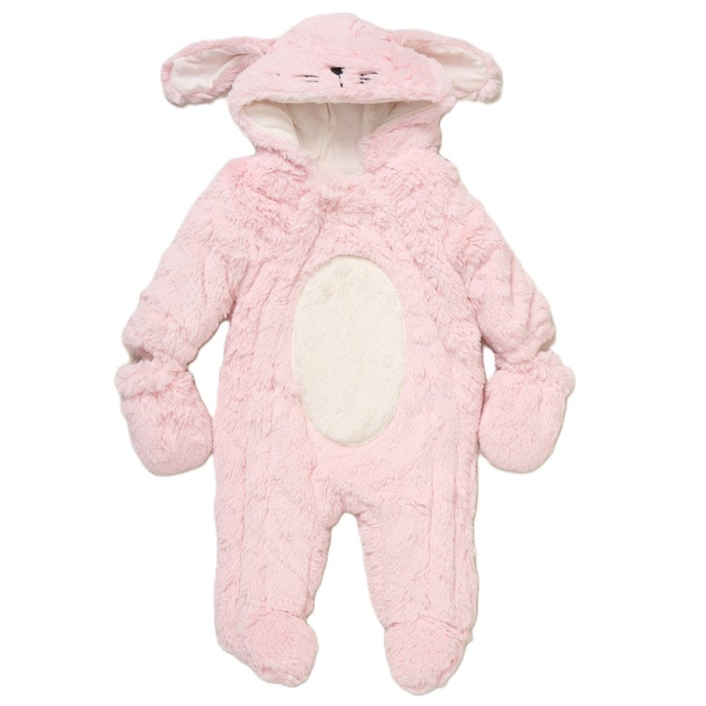A pink plush bunny costume jumpsuit with a hood featuring long ears and a small embroidered face, plus a cream-colored oval patch on the belly, shown on a plain white background.