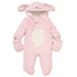 A pink plush bunny costume jumpsuit with a hood featuring long ears and a small embroidered face, plus a cream-colored oval patch on the belly, shown on a plain white background.