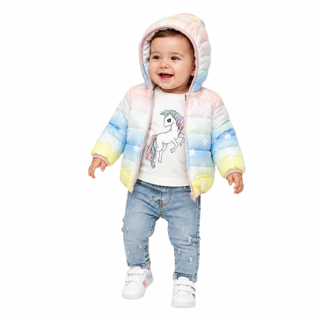 A baby wearing a pastel rainbow hooded puffer jacket over a white unicorn-print t-shirt, blue jeans, and white sneakers, standing against a plain white background.