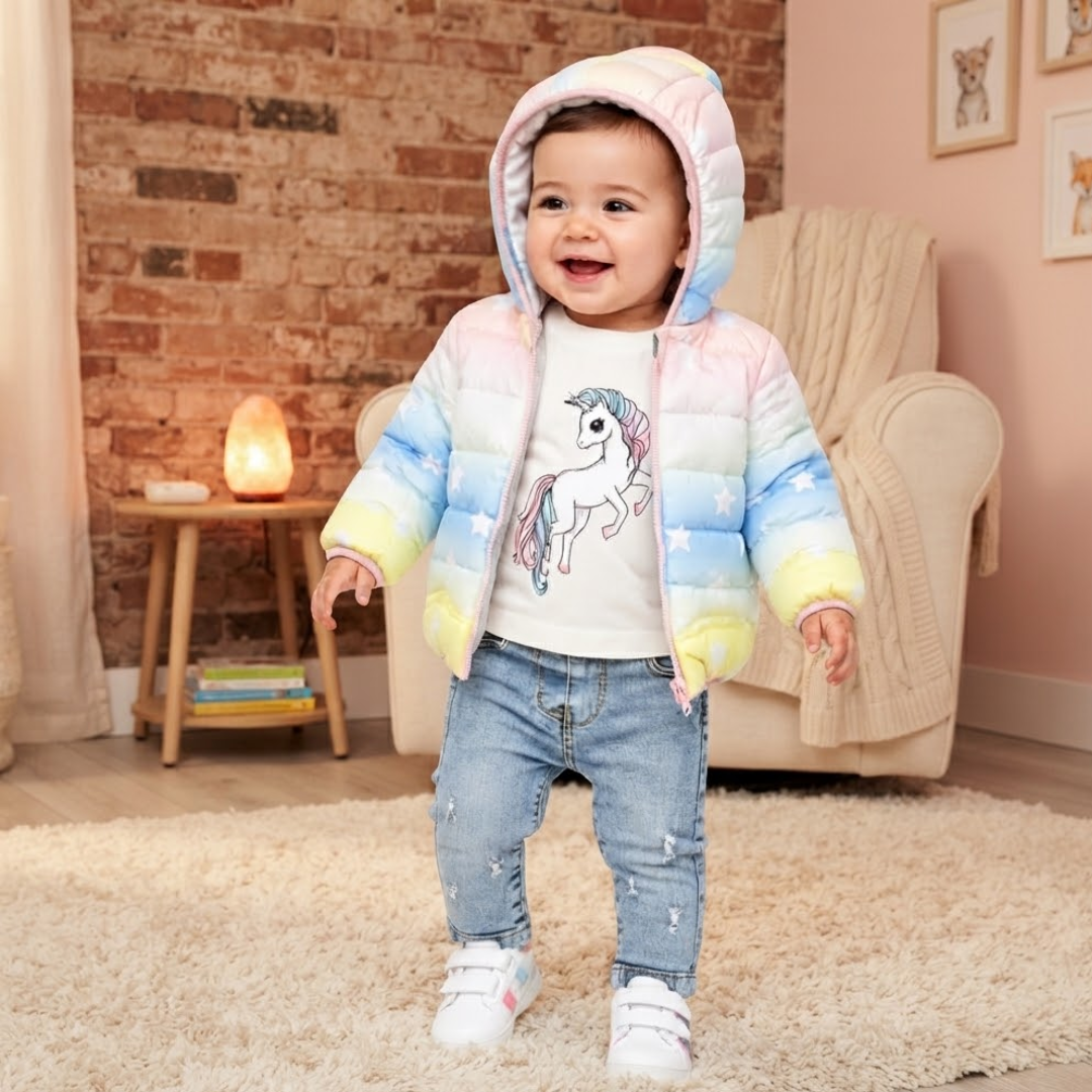 A baby standing in a cozy room wearing a pastel rainbow hooded puffer jacket over a white unicorn t-shirt, blue jeans, and white sneakers.