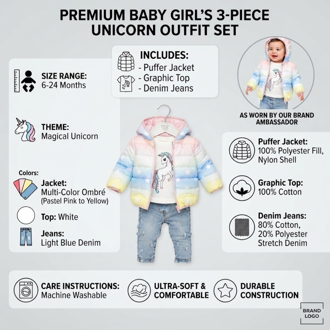 A promotional infographic for a premium baby girl's 3-piece unicorn outfit set, showing a pastel hooded puffer jacket with a unicorn graphic, a white top, and light blue denim jeans. The image includes product details, sizing, colors, care instructions, and a model wearing the outfit.