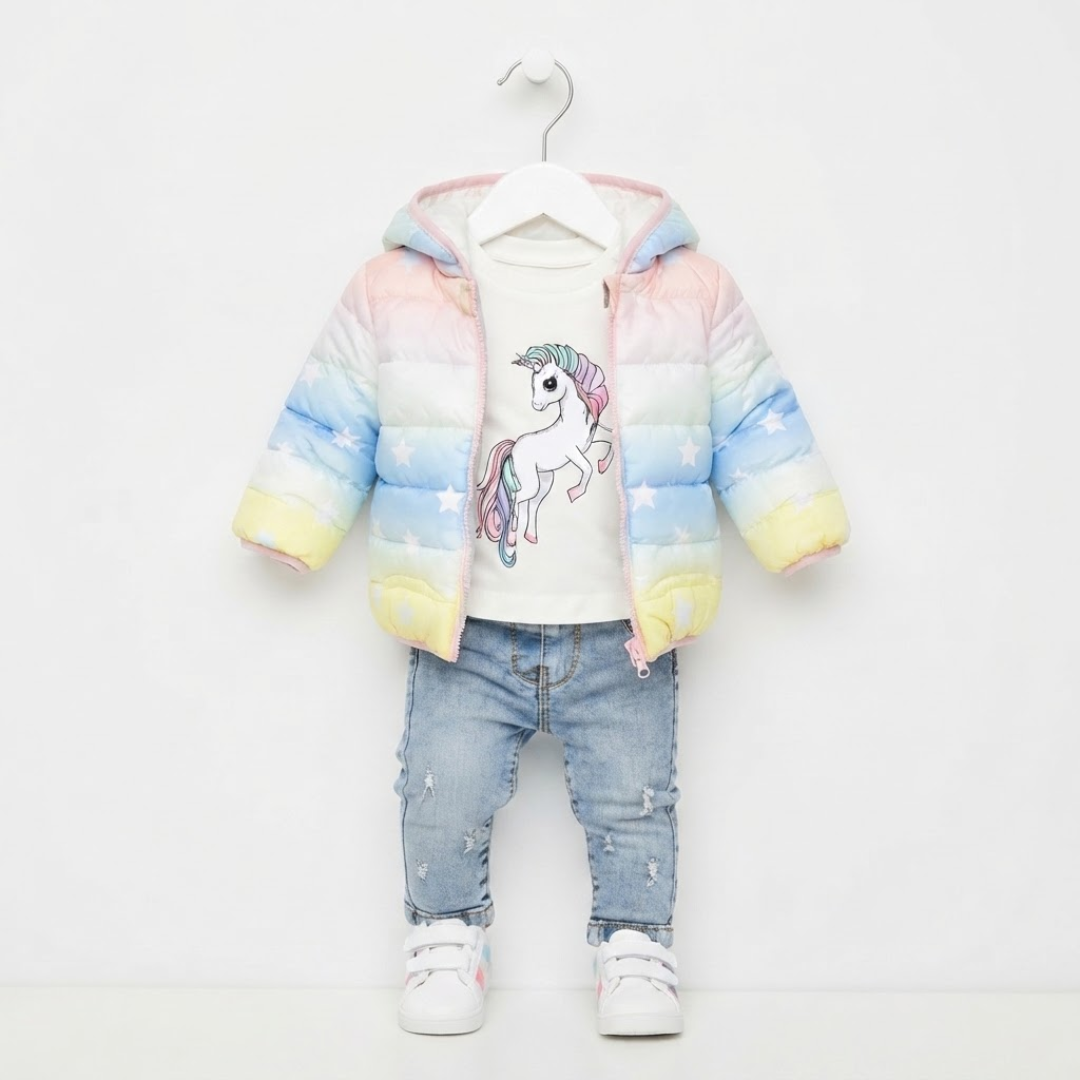 A toddler girl's winter outfit set hanging on a white hanger against a plain white background. The set includes a pastel rainbow gradient puffer jacket with a unicorn graphic on the front, light-wash blue jeans, and white sneakers.
