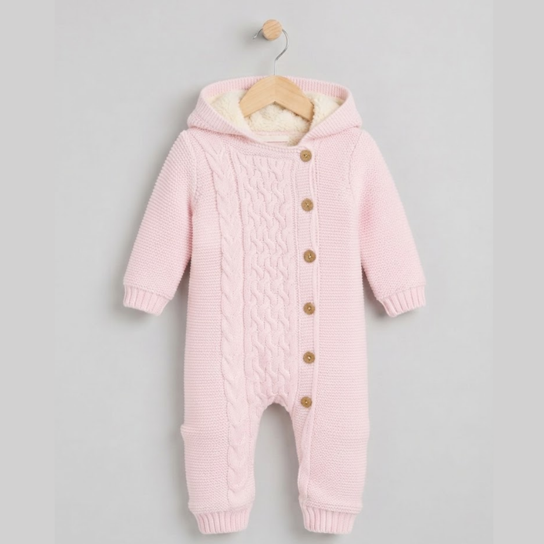 A light pink knit hooded baby jumpsuit with a cable-knit front panel, wooden buttons, and a cream-colored fleece lining inside the hood, hanging on a wooden hanger against a light gray background.