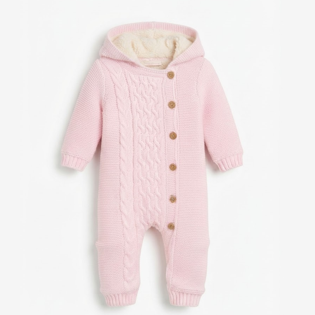 A light pink knit hooded baby jumpsuit with a cable-knit pattern, button closure, and a cream-colored fleece lining inside the hood, shown on a plain white background.