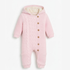 A light pink knit hooded baby jumpsuit with a cable-knit pattern, button closure, and a cream-colored fleece lining inside the hood, shown on a plain white background.