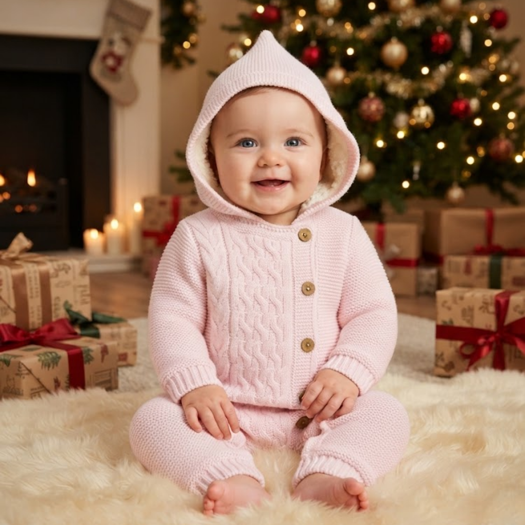 A baby wearing a light pink cable-knit hooded romper sits on a white faux fur rug in a cozy Christmas setting with a decorated tree, fireplace, and wrapped gifts in the background.