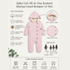 A baby girl's pink all-in-one knitted romper with a hood, shown on a light beige background with product features, close-up details, size fit information, and care instructions.