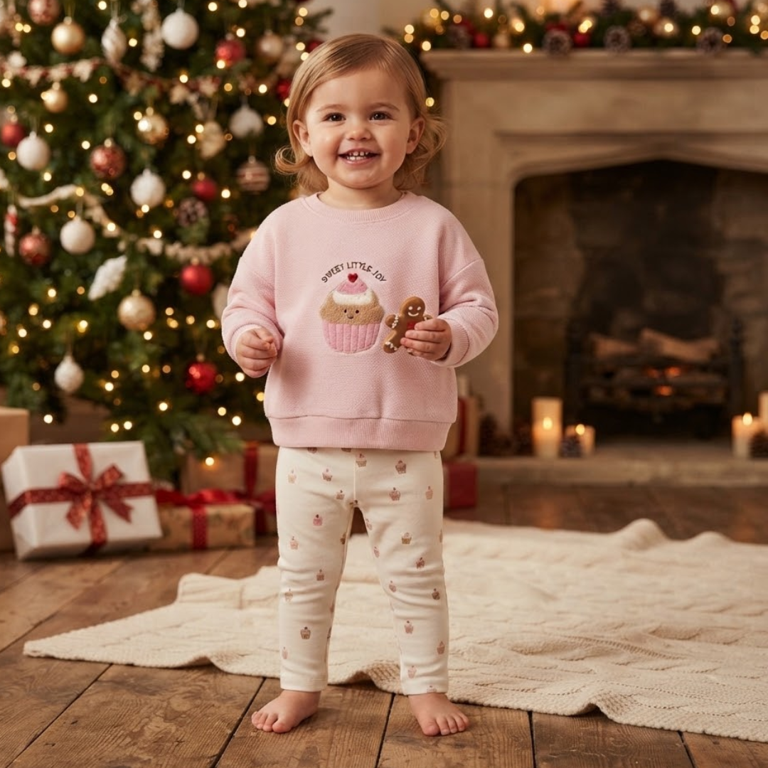 A young child stands barefoot in a cozy holiday room, wearing a light pink sweatshirt with a cupcake graphic and the words 'Santa's Little Helper' and matching cream pants with small pink motifs. A decorated Christmas tree, fireplace, wrapped gifts, and a knitted rug are visible in the background.