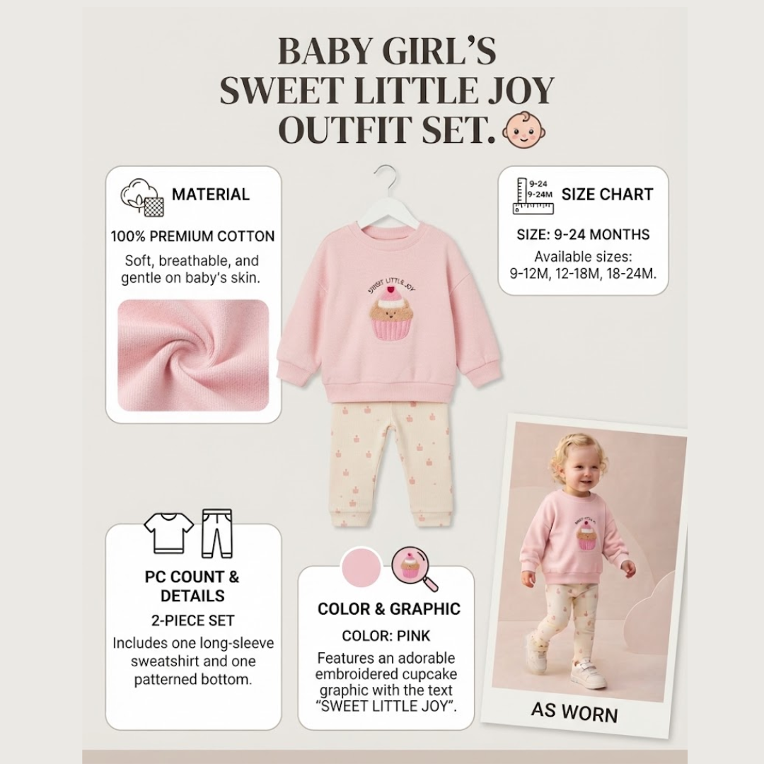 Baby girl's sweet little joy outfit set promotional graphic showing a pink long-sleeve sweatshirt and matching patterned pants on a hanger, with text callouts about material, size chart, count & details, color & graphic, and a lifestyle photo of a child wearing the outfit.