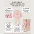 Baby girl's sweet little joy outfit set promotional graphic showing a pink long-sleeve sweatshirt and matching patterned pants on a hanger, with text callouts about material, size chart, count & details, color & graphic, and a lifestyle photo of a child wearing the outfit.