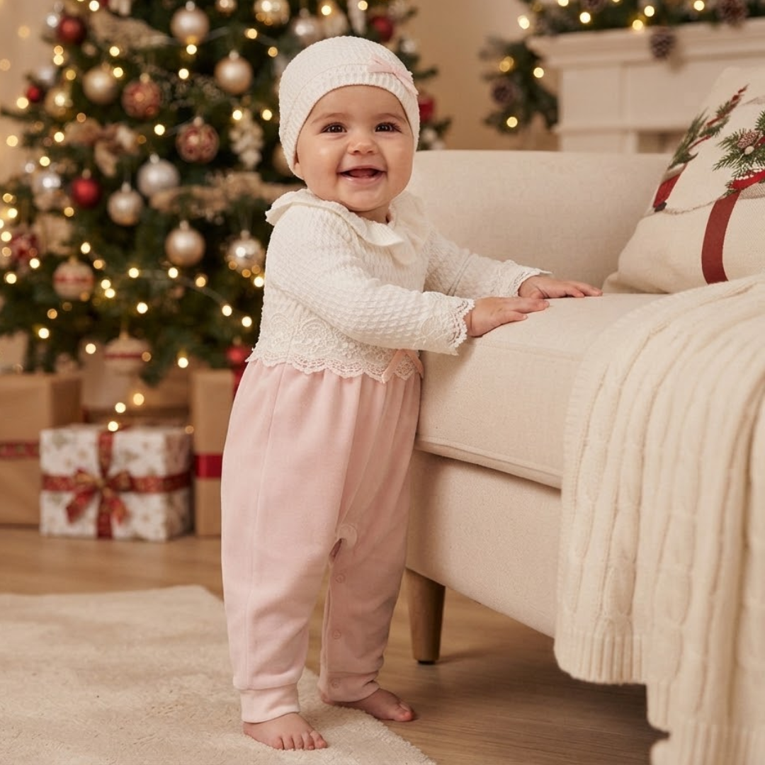 A baby standing indoors next to a cream sofa, wearing a white knit bonnet and a matching white lace-trim top with pale pink footed pants. A decorated Christmas tree and wrapped gifts are visible in the background.