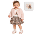 A baby girl wearing a light pink fuzzy cardigan, a brown leopard-print ruffled skirt with pink floral accents, a white t-shirt, and pink shoes, standing against a white background. An inset image in the top right shows a matching teddy bear plush toy.